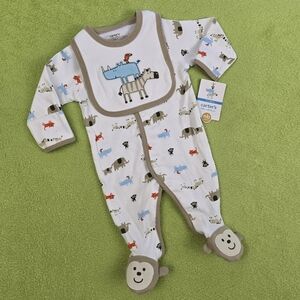 NWT  0-3M Baby BOYS 2P FOOTIE & BIB JUNGLE ANIMALS  MONKEY RHINO TIGER etc (Q1)